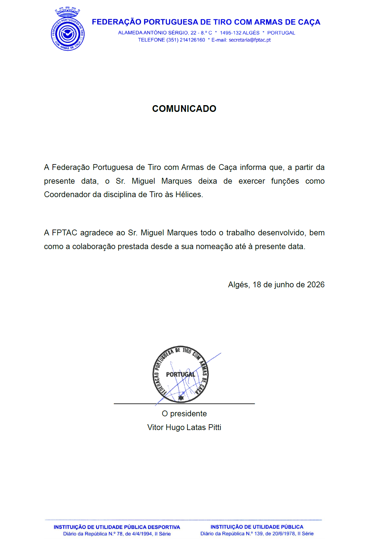 Comunicado Tiro Às Hélices