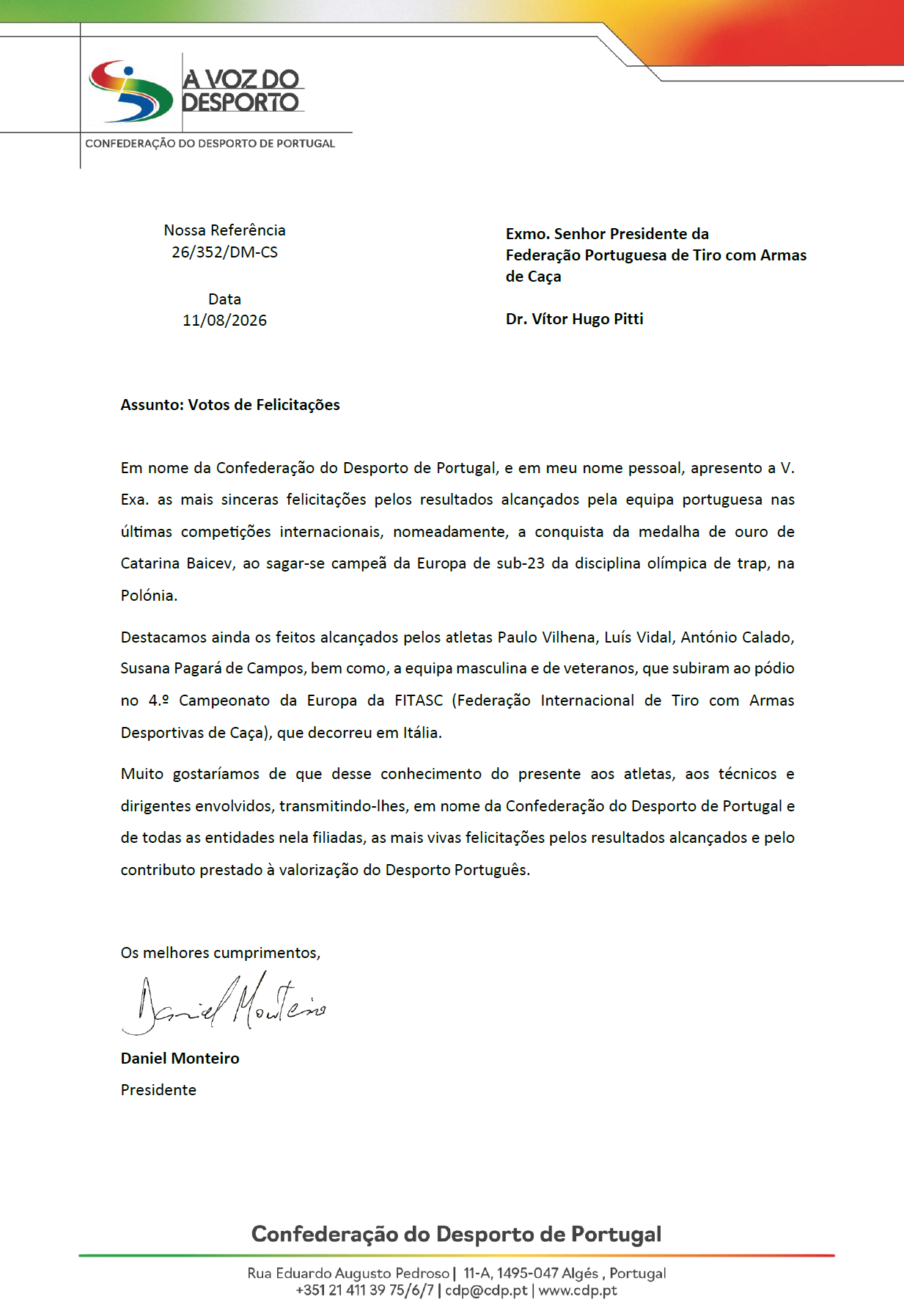 Ofício de felicitações da Confederação do Desporto de Portugal