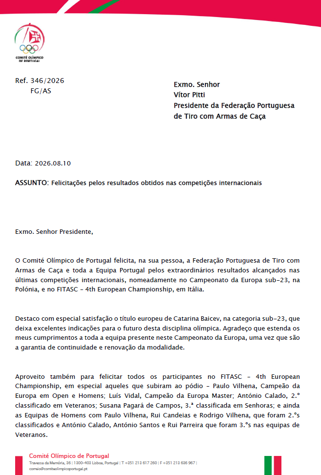 Página 1 - Felicitações do Comité Olímpico de Portugal