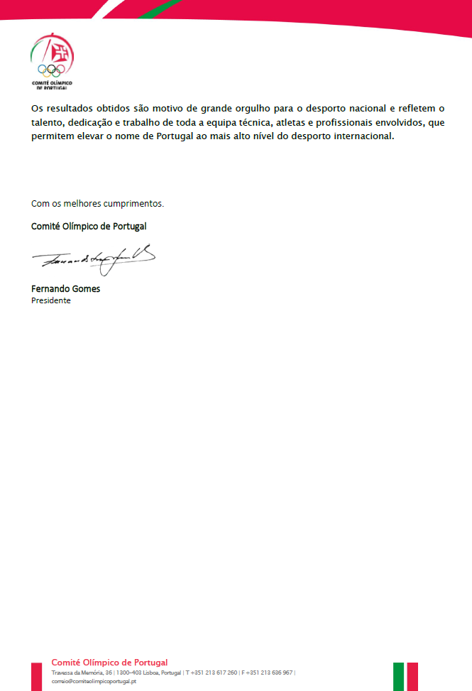 Página 2 - Felicitações do Comité Olímpico de Portugal