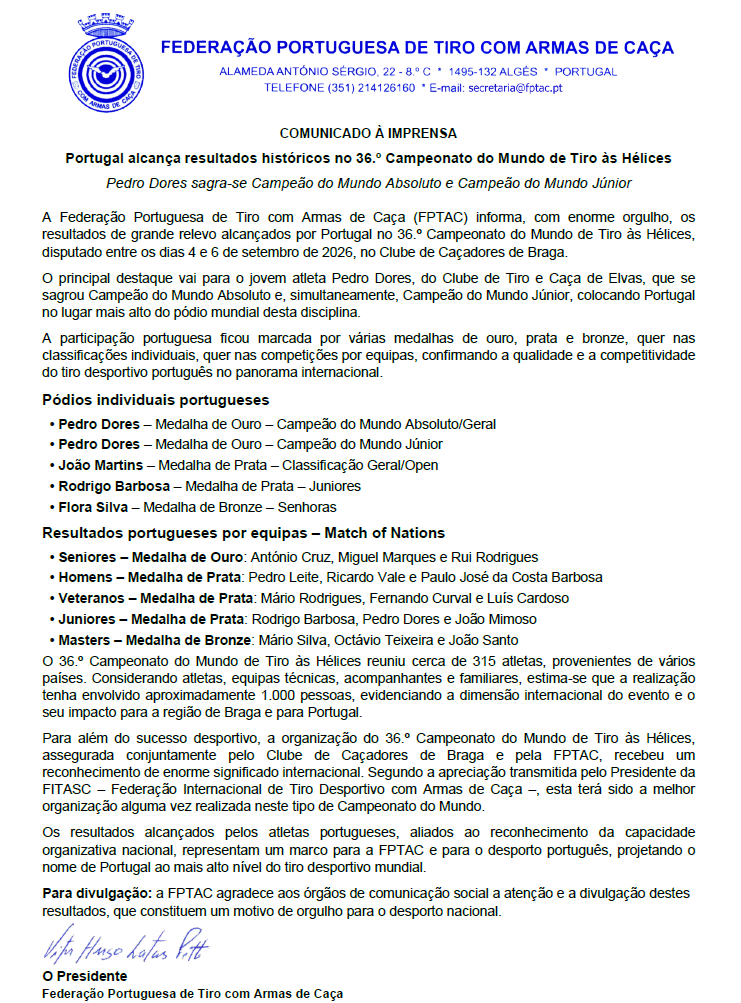 Comunicado de Imprensa - 36.º Campeonato do Mundo de Tiro às Hélices